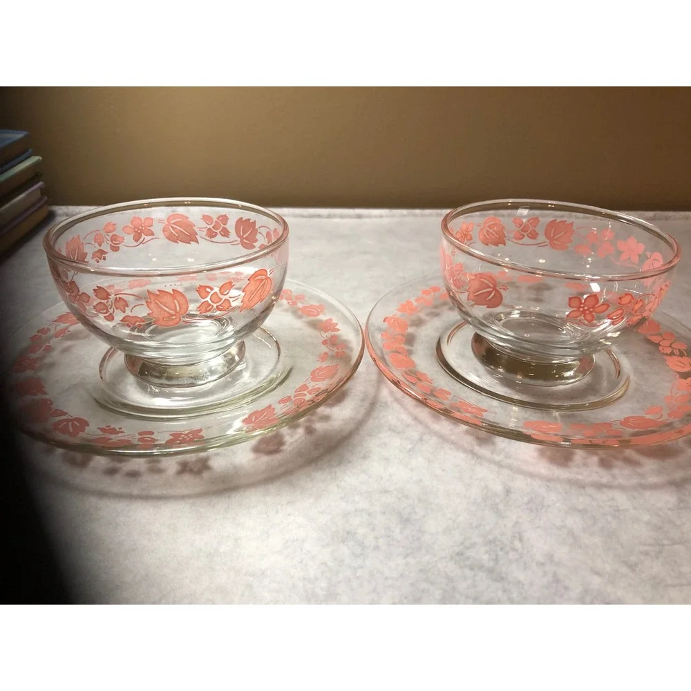 2 ~Vintage Pink Gooseberry Sherbet Bowl & Saucer Sets Coquette Vintage Pyrex
